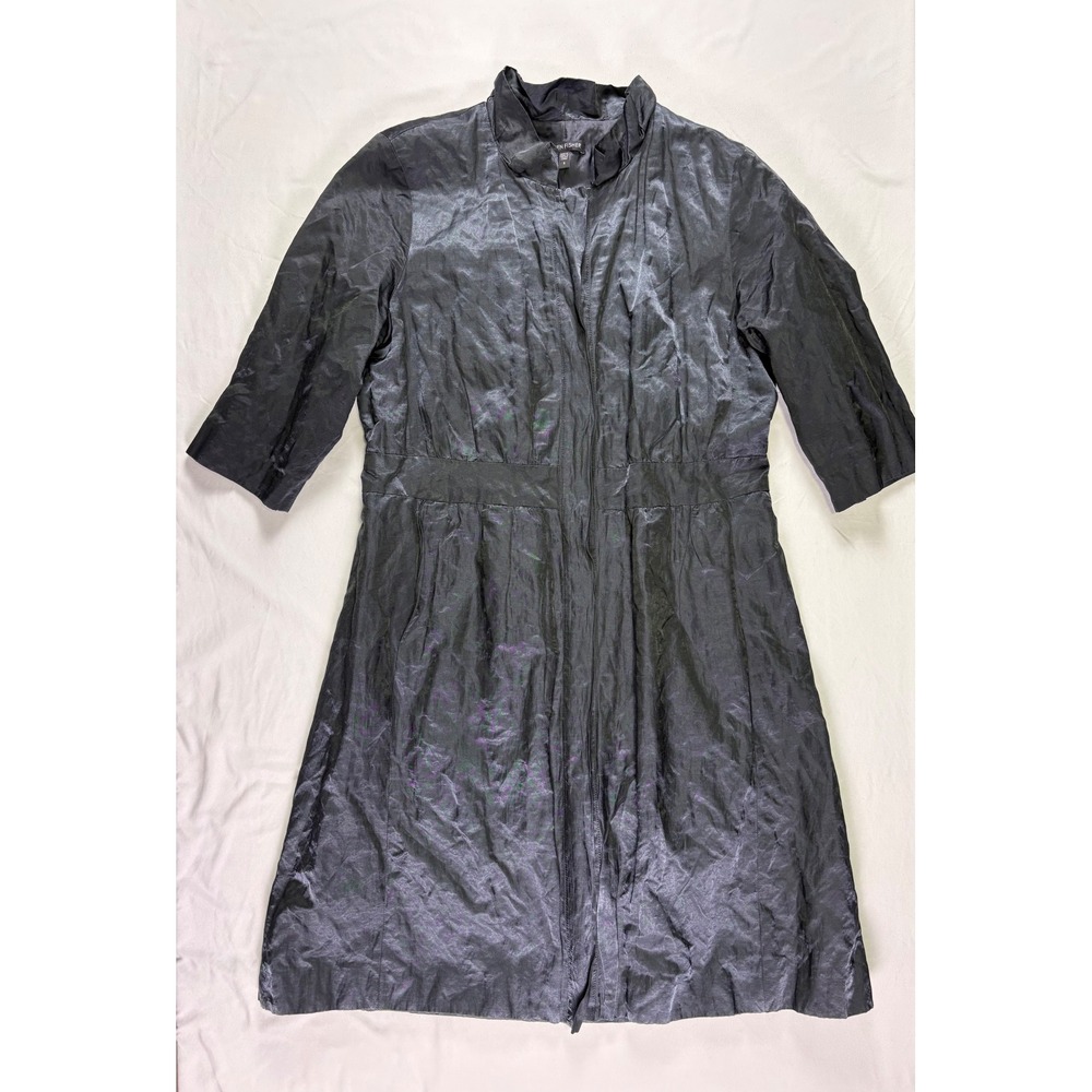 Eileen Fisher Steel Satin Coat S Black Metallic Ruffle Collar Lightweight Shiny - Picture 7 of 9